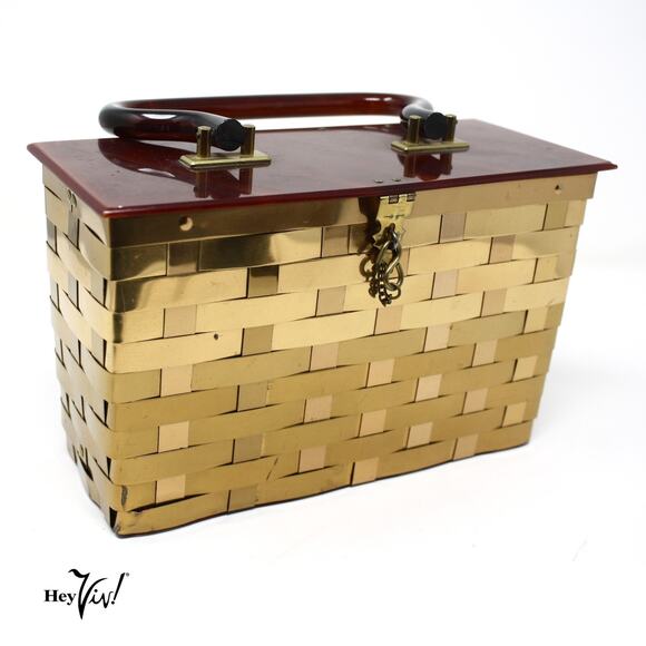 Vintage 50s Dorset Rex Basket Weave Box Purse Gold Metal w Lucite Top - Hey Viv - Picture 1 of 11